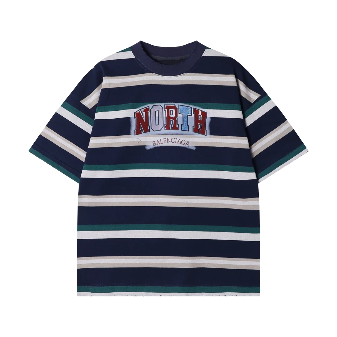 夏季新款时尚个性韩版撞色条纹字母印花圆领短袖T恤潮流百搭上衣