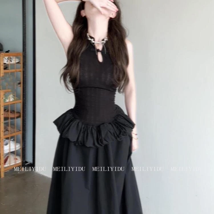 MLYD/定制 大码法式新中式黑色盘扣连衣裙女夏季收腰显瘦蓬蓬长裙