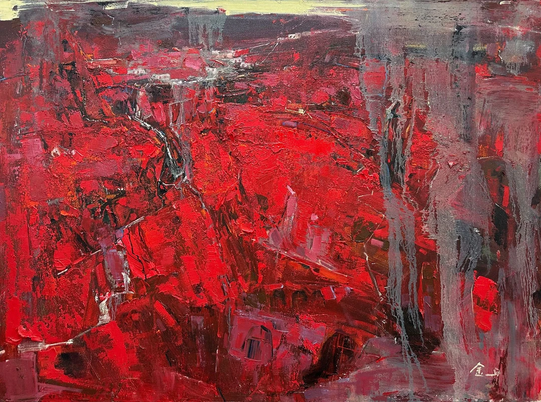金日油画 原创风景油画收藏《红韵山谷》画布纯手绘油画 150-110cm