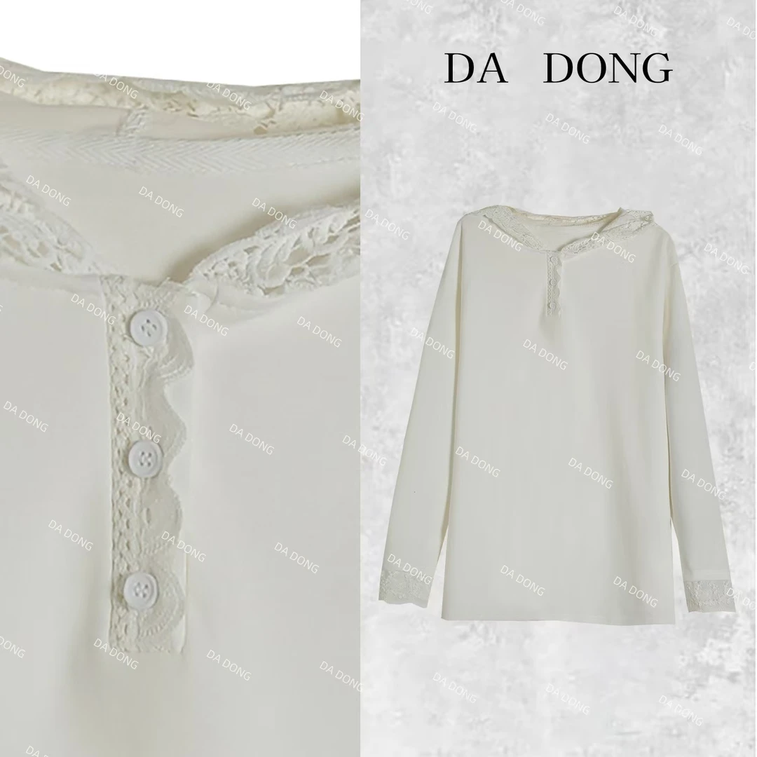 连帽衫--中式蕾丝拼接气质时尚百搭纯棉连帽打底宽松休闲加绒衬衫