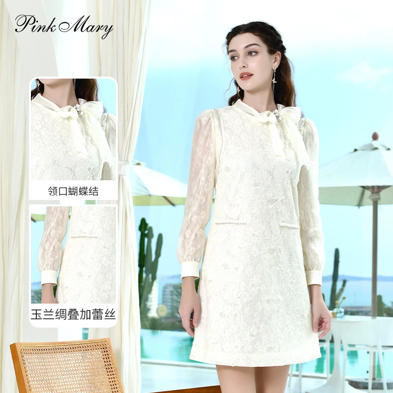 Pink Mary/粉红玛琍领口蝴蝶结长袖蕾丝连衣裙PMAOS5557