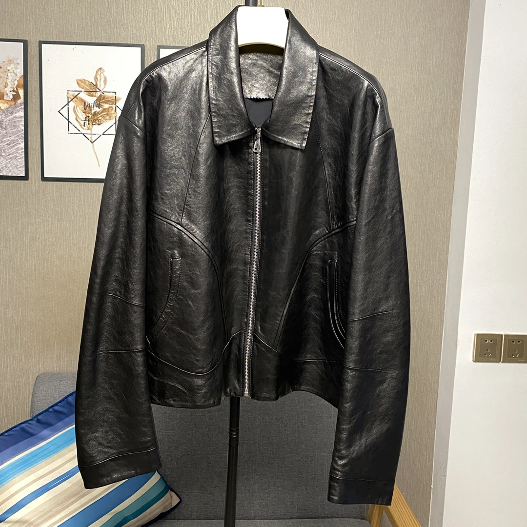 九尺皮草欧美风短款油蜡法式方领皮衣翻领女装秋季2025黑色真皮