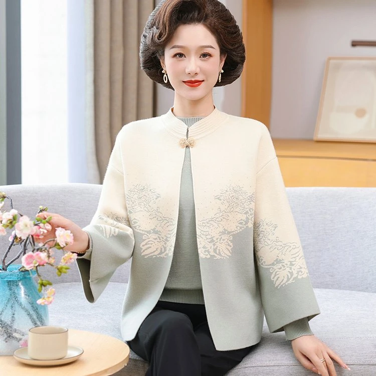 2025妈妈秋装新款针织开衫两件套装中老年女春秋冬季时尚毛衣外套