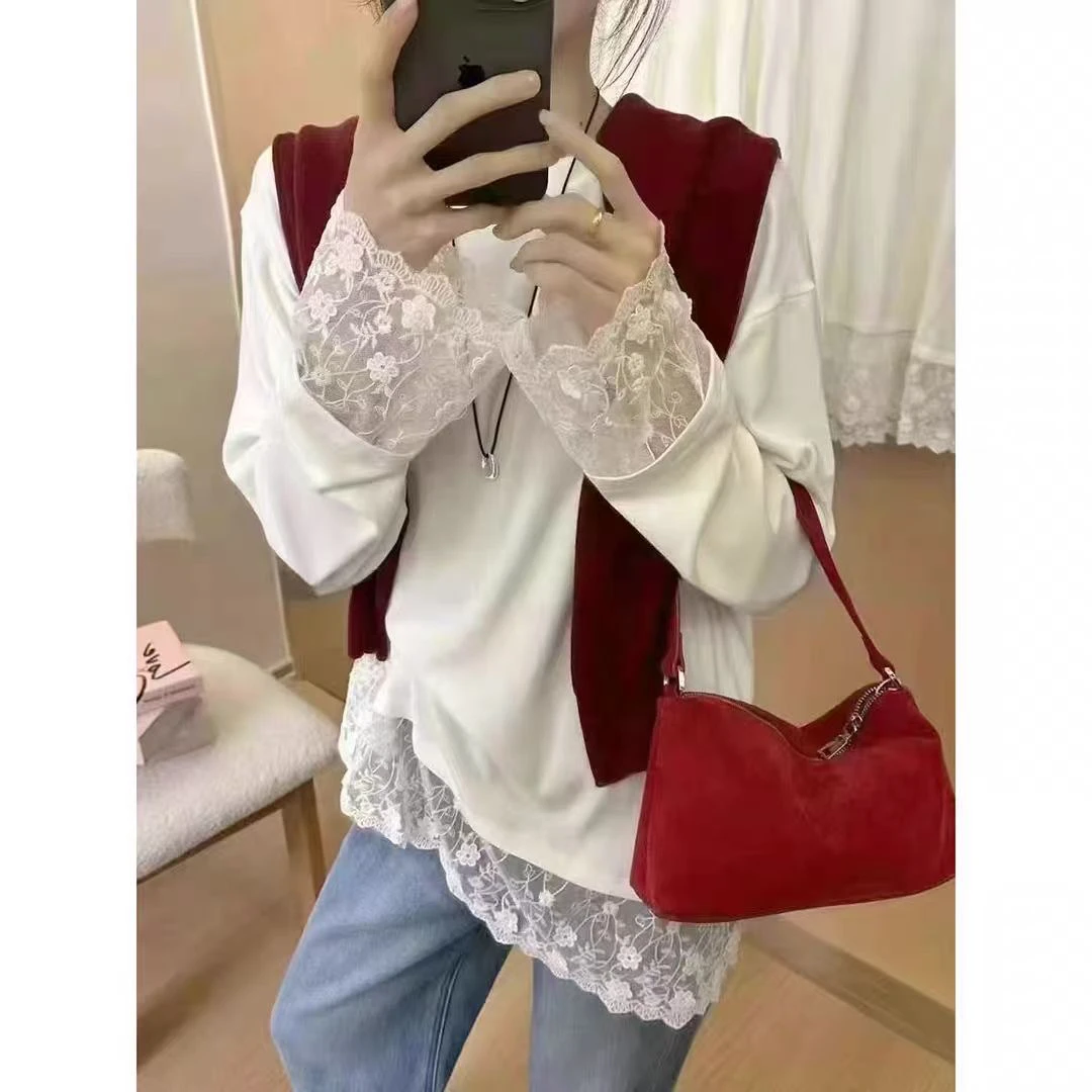 莉莉家蕾丝T恤白t休闲宽松百搭时尚女装拼接假两件