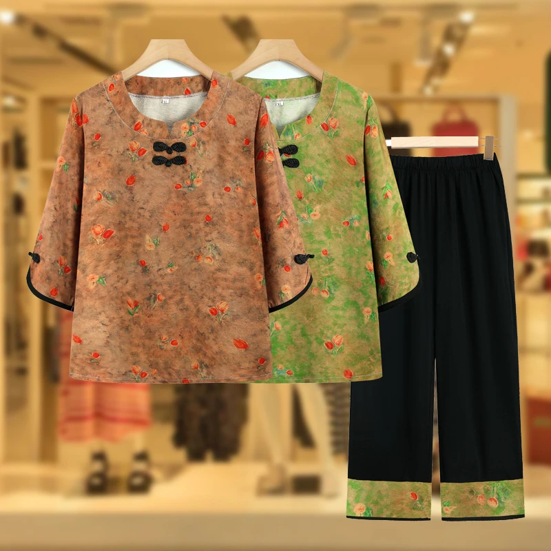 奶奶夏装七分袖套装中老年人女冰丝T恤衫薄款两件套老人衣服宽松