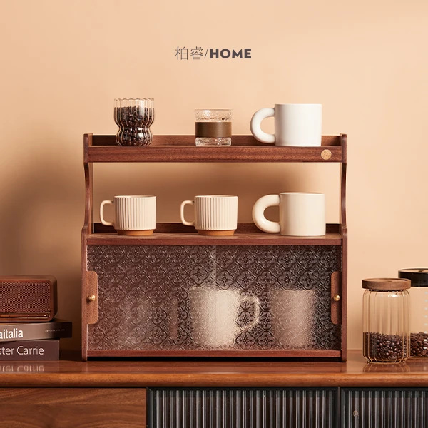 复古实木杯架置物架咖啡杯子台面多层收纳架高级轻奢推拉门餐边柜