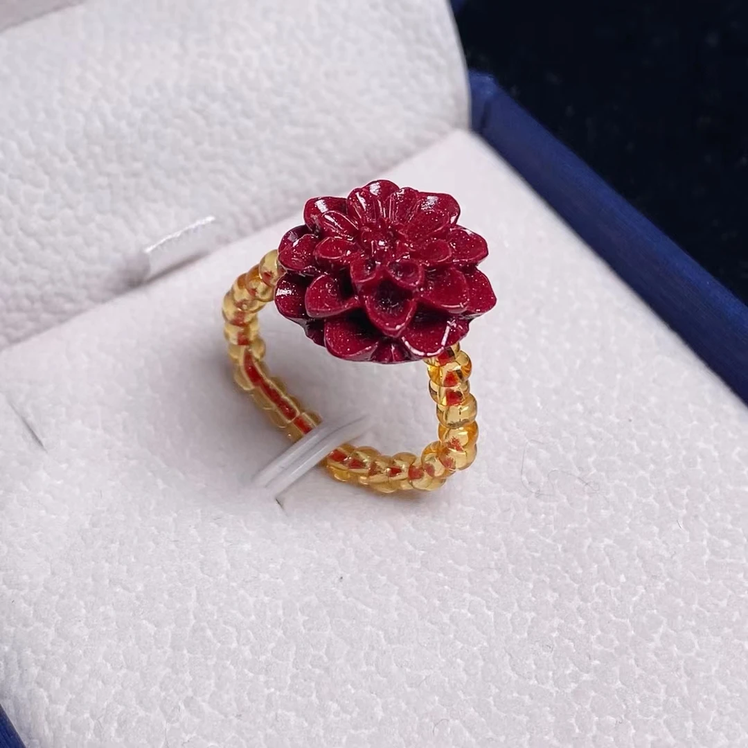 含辰砂工艺品高含量朱砂原创手工戒指，玫瑰花，雪莲花，