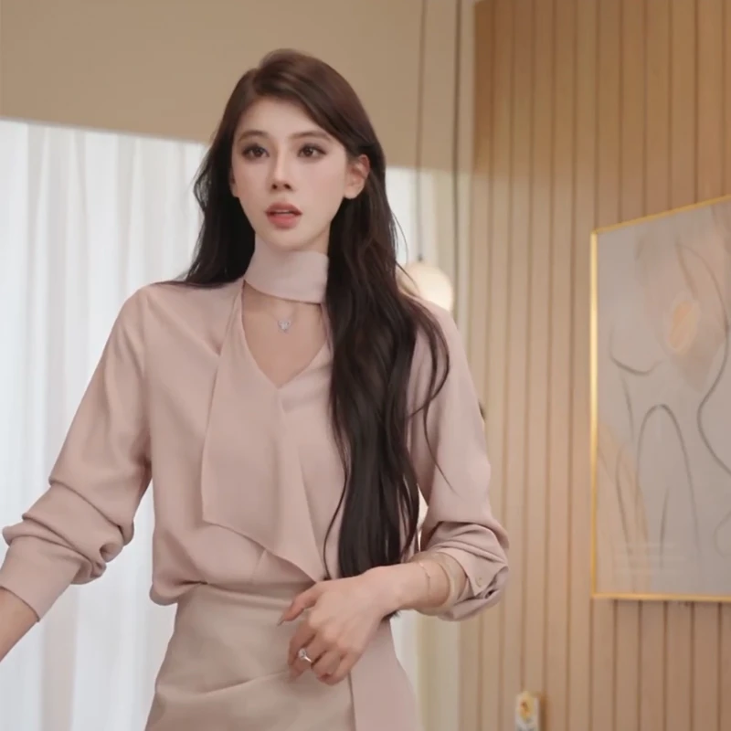 白色雪纺衬衫女款秋季通勤风职业飘带薄款长袖衬衫上班族衬衣