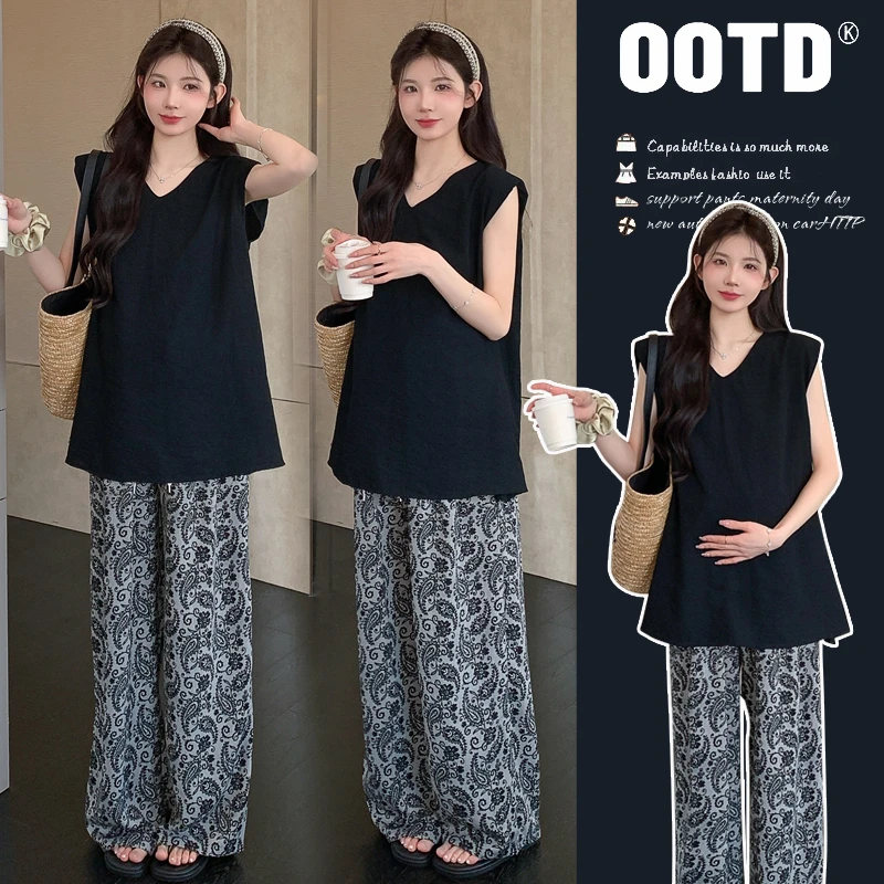 孕妇套装夏季2025夏季无袖慵懒松弛孕妇上衣＋碎花休闲直筒阔腿裤