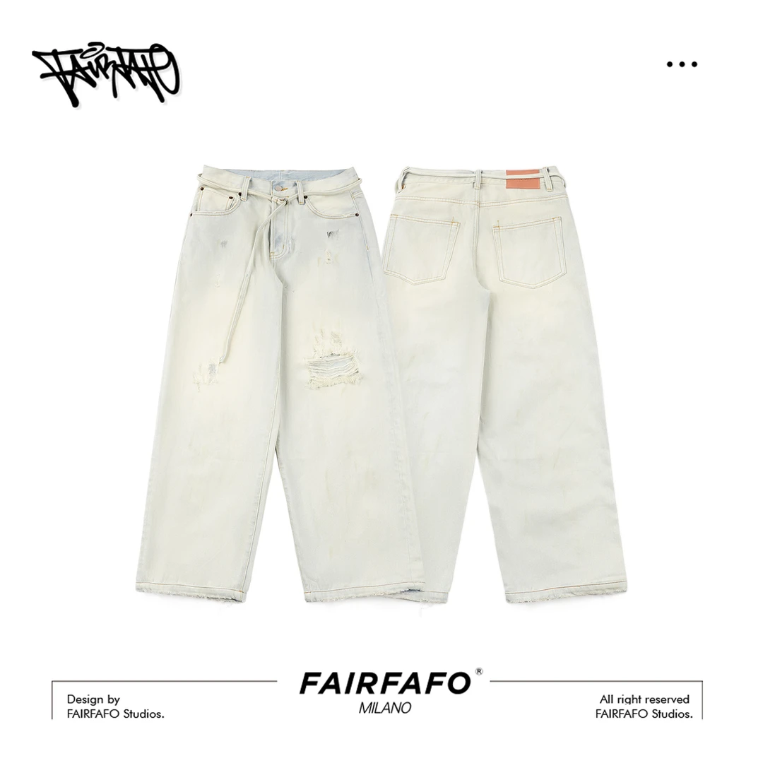 FAIRFAFO林肉肉【破洞绑绳牛仔长裤】夏季潮牌女裤KZBL54231