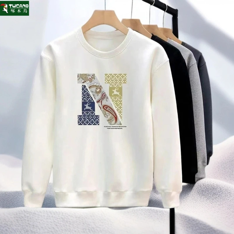 啄木鸟秋冬加绒加厚圆领卫衣男士休闲百搭宽松韩版长袖保暖上衣