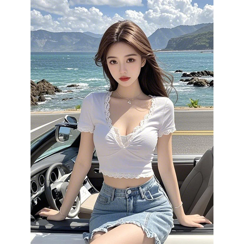 深领短袖恤女2025新款夏季欲性感蕾丝拼接超好看独特短款上衣