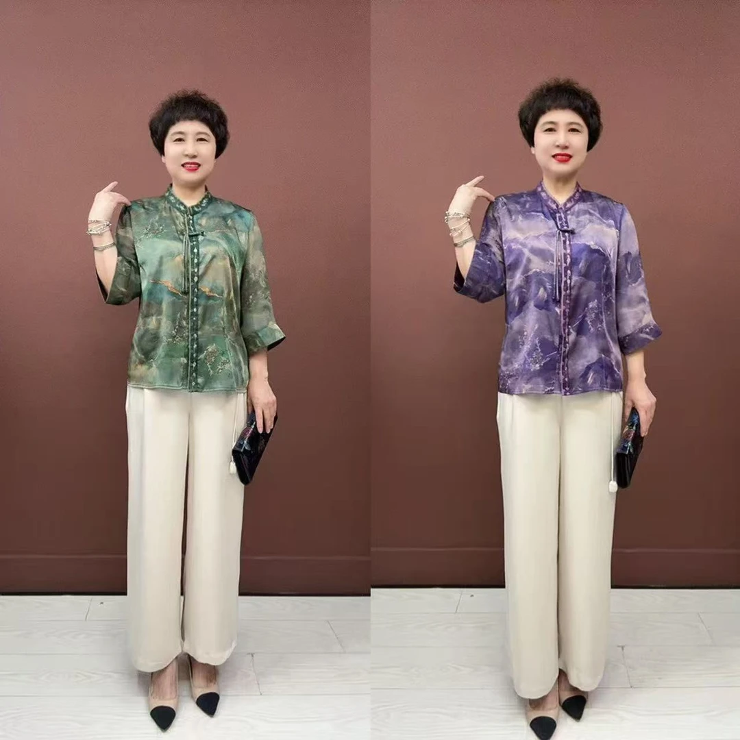 休闲风中老年女装盘扣妈妈装时尚印花国风衬衫