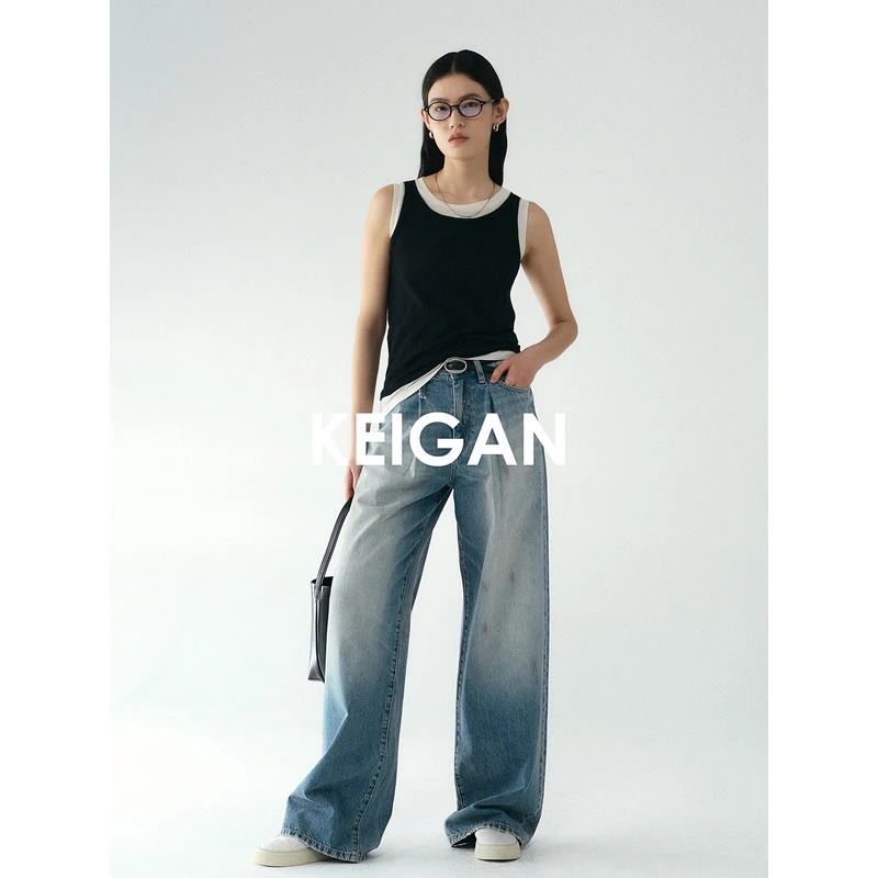 开间/欧洲进口苣轻柔雅痞解构翻褶显瘦阔腿直筒牛仔裤