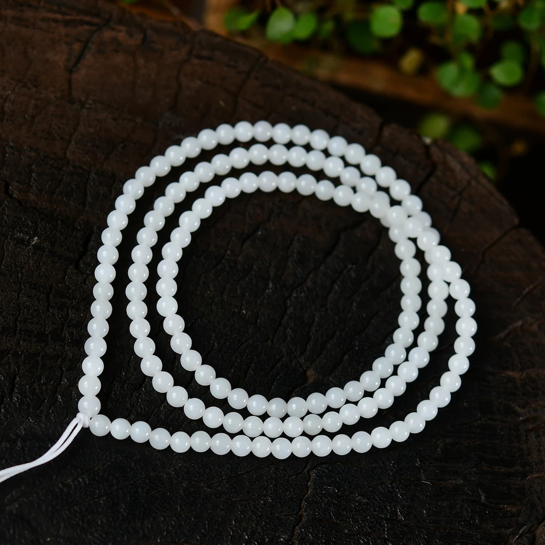 天然和田玉白玉新疆料圆珠配链卡4mm多圈白色长链半成品挂件珠链