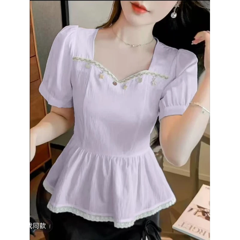 大码女装夏新款法式高级感流苏亮片衬衫小众设计感收腰蕾丝边上衣