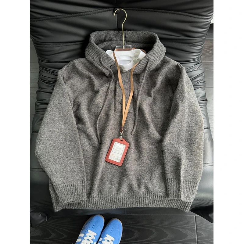 美式复古针织连帽卫衣男款秋冬设计感上衣cleanfit慵懒风针织毛衣
