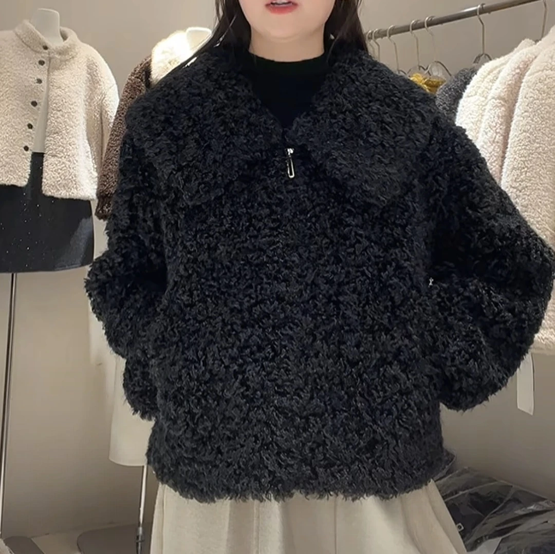 251225设计感大翻领拉链款净面卷毛皮毛外套