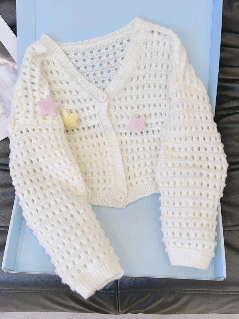 丨夏季新款甜美温柔风多巴胺镂空毛衣外套短款外搭少女开衫SX8025