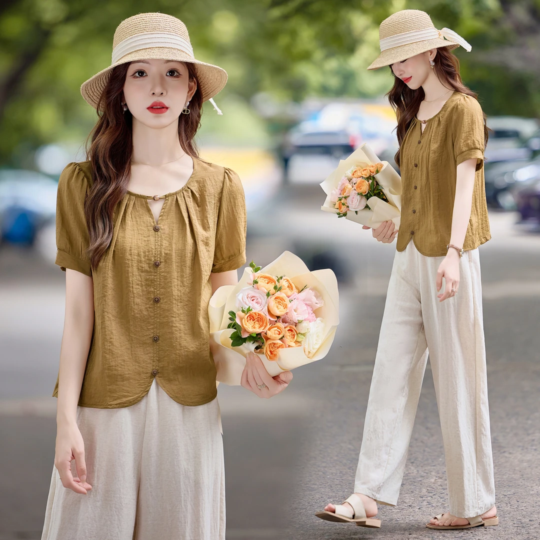 法式气质泡泡袖套装女2025夏季新款气质显瘦减龄百搭阔腿裤两件套