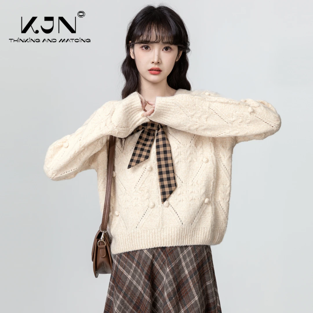 法式蝴蝶结V领毛衣女2024秋冬新款小个子加厚内搭针织衫短款上衣