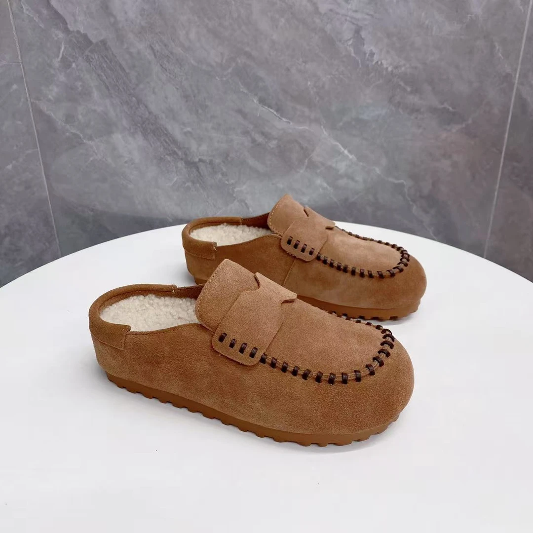 C9918  驼色绒里 韩系时尚年轻勃肯包头拖鞋