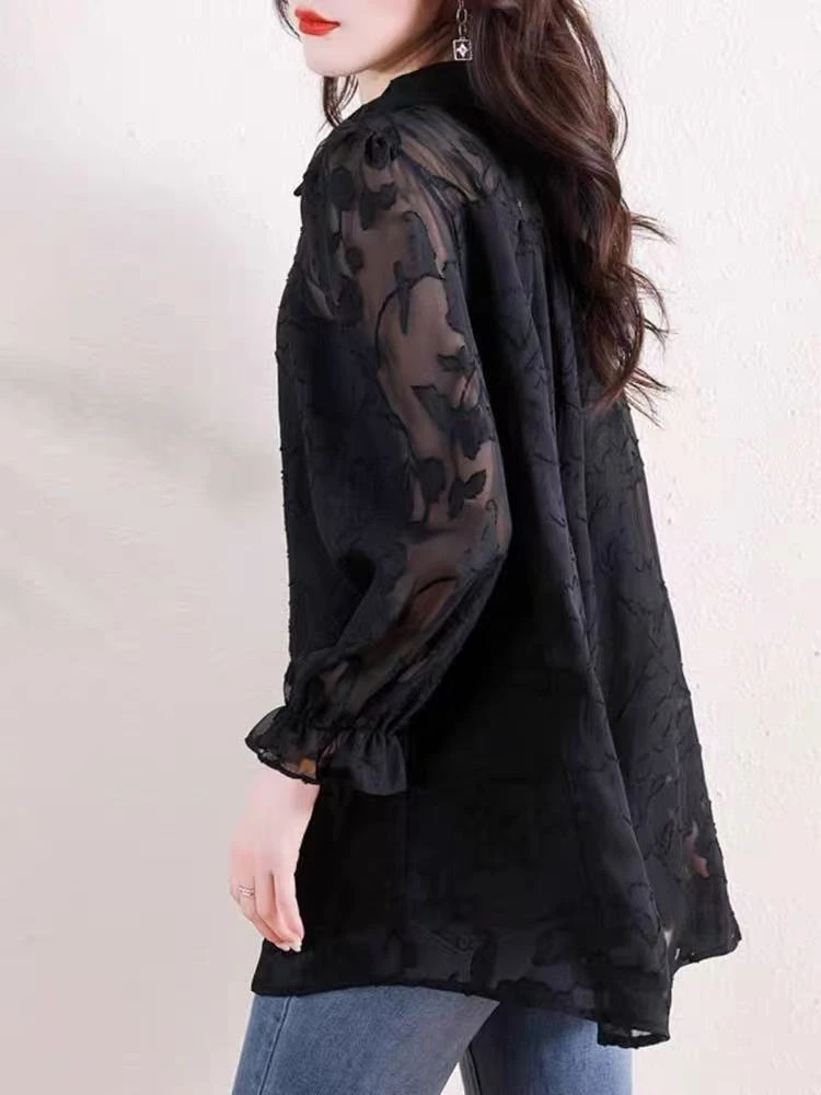 中长款衬衫洋气春季宽松型长袖春夏复古提花防晒衣8003