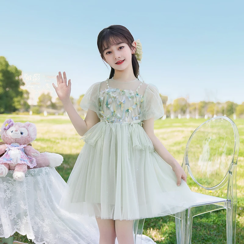 女童连衣裙绿色甜美小香风网纱裙儿童夏装裙子花朵森系洋气公主裙