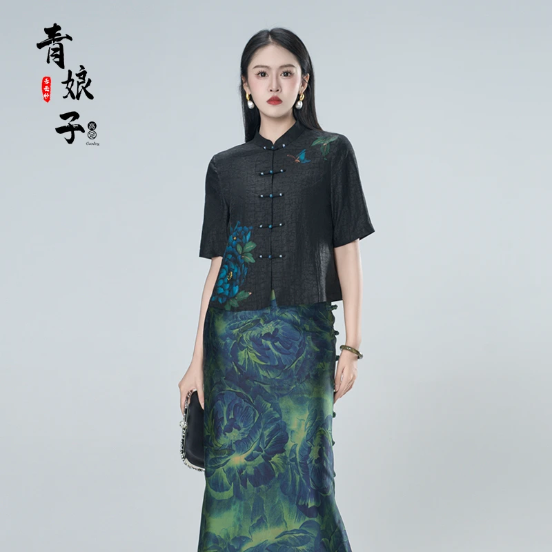 青娘子香云纱(含香)龟裂纹立领手绘印花宽松复古中国风短外套-862