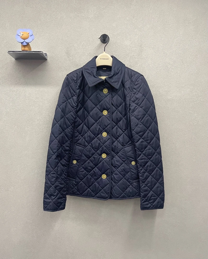 99新 BURBERRY/博柏利 深蓝色菱格纹棉服/尺码xs（胸围约90）