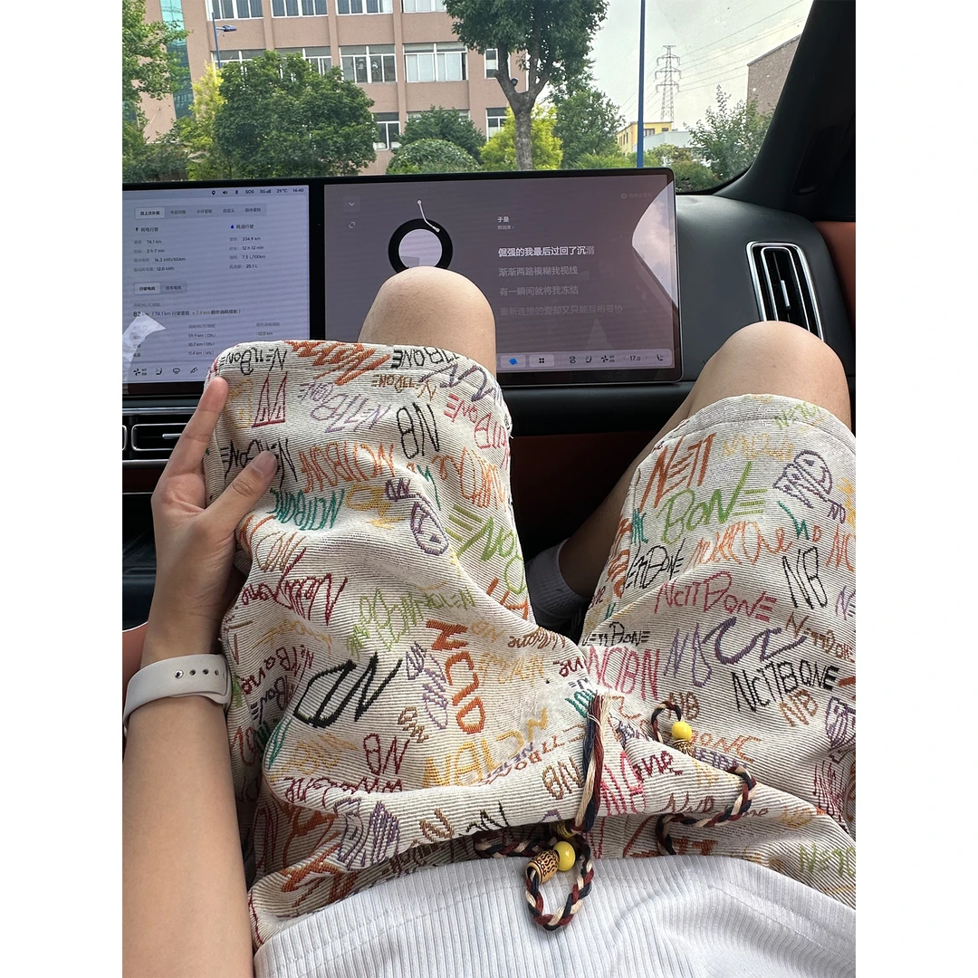 字母满印夏威夷短裤男款夏季美式复古运动裤子直筒宽松五分裤衩子