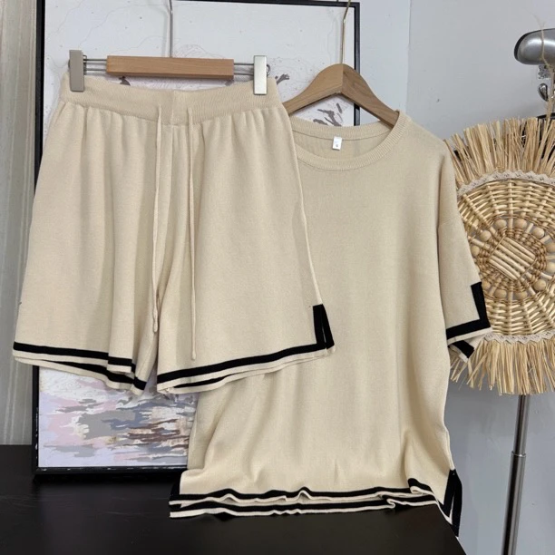 0640复古慵懒风撞色圆领针织显瘦阔腿裤套装