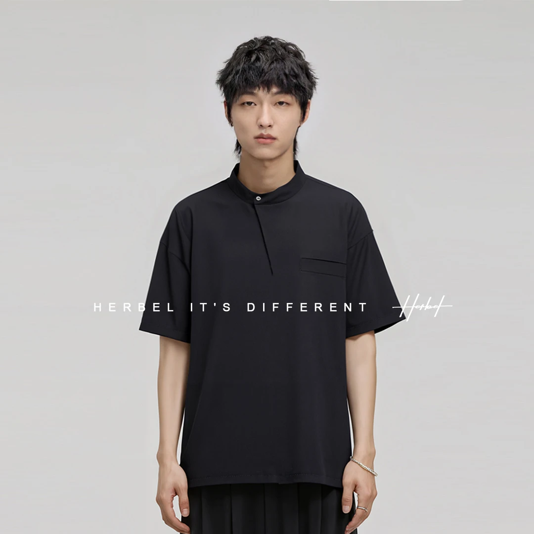 HERBEL/黑白2025夏季新款清凉薄款衬衫男士休闲户外百搭宽松衬衫