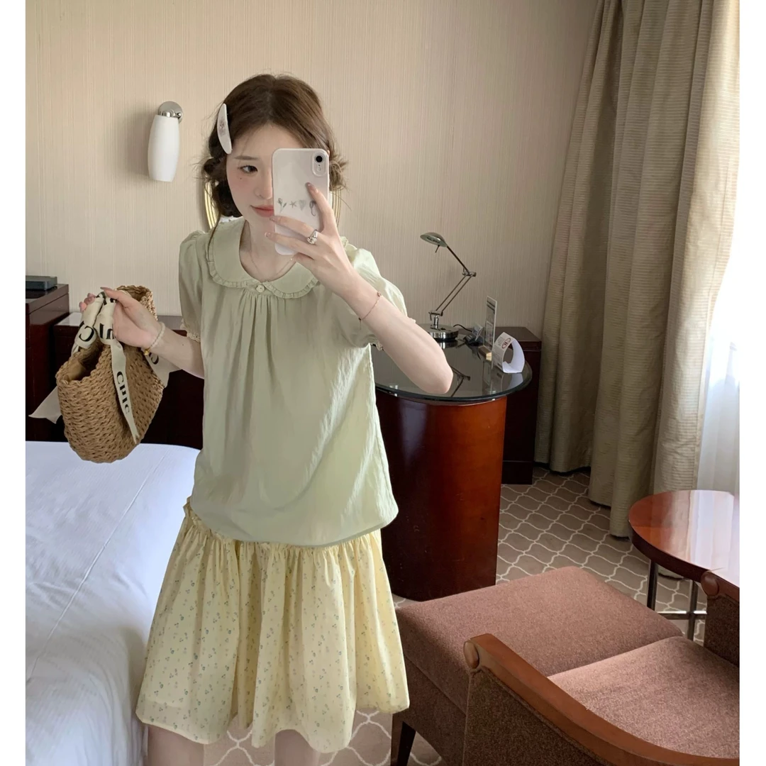 茉莉青提娃娃领花边衬衫娃娃衫上衣+碎花半身裙 套装百搭甜美