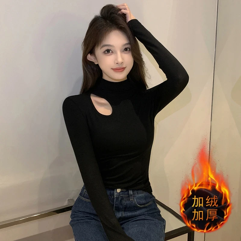 黑色螺纹加绒打底衫女秋冬季内搭爆款半高领心机镂空加厚修身上衣