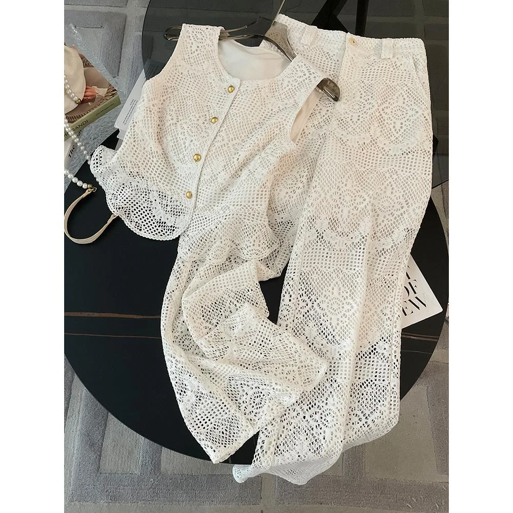 法式小香风时尚套装女夏季高级感赫本风蕾丝镂空背心阔腿裤两件套