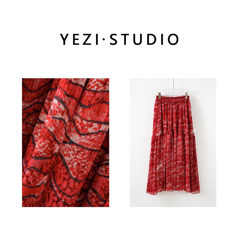 【浪漫假日】法式缩褶印花电力纺大摆度假风高腰半身塔裙25233012