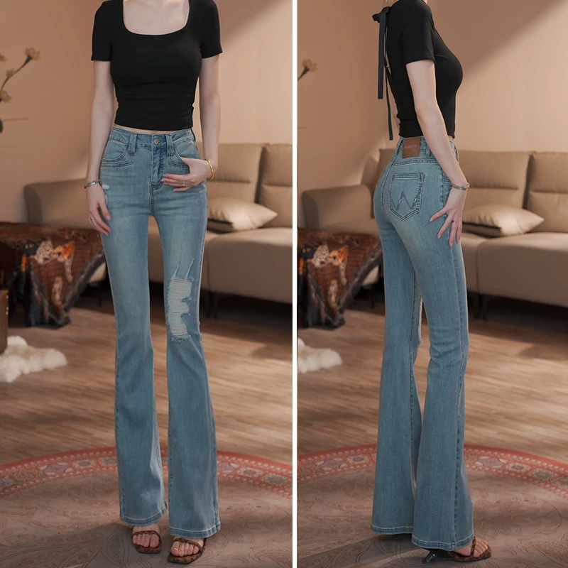 破洞牛仔裤女2025新款夏季薄款高腰显瘦微喇叭裤子设计感喇叭裤
