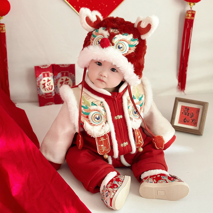 宝宝新年拜年服帽子新生儿龙年刺绣国风传统帽加绒加厚冬款