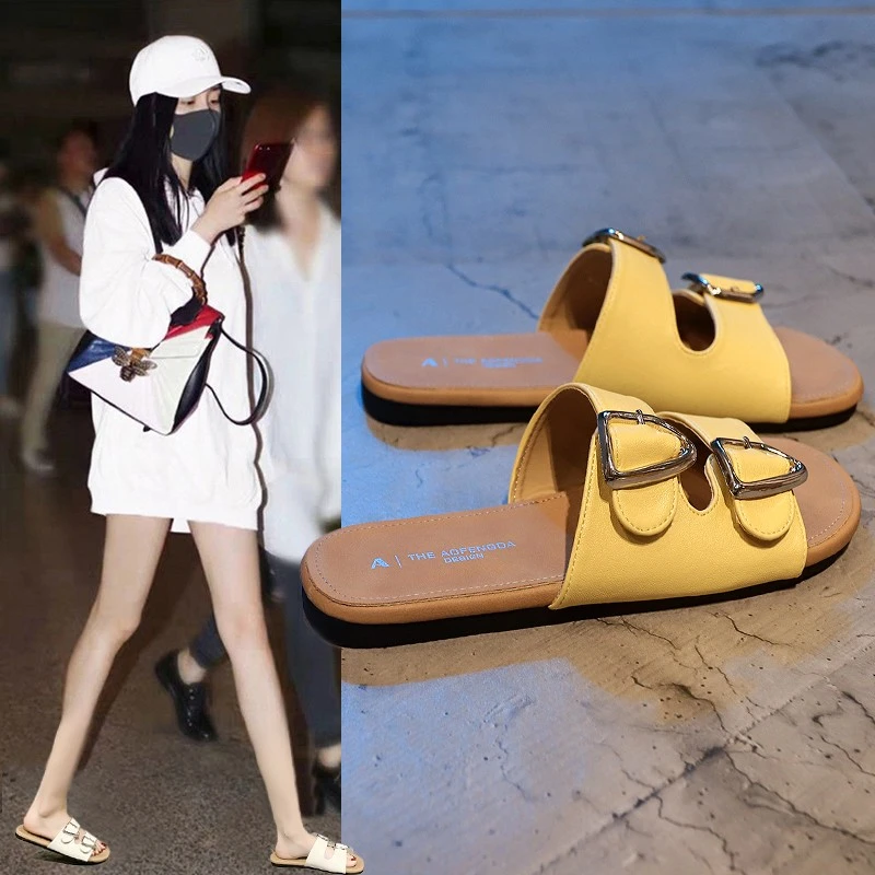 爆款平底一字拖女款2025夏季新款一脚蹬懒人百搭外穿皮带扣凉拖鞋