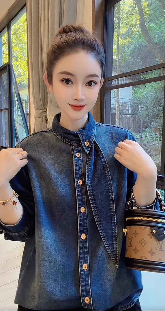 Nalian/拿恋豆子优选-港味复古领带加绒设计感牛仔衬衫女 DZ99322