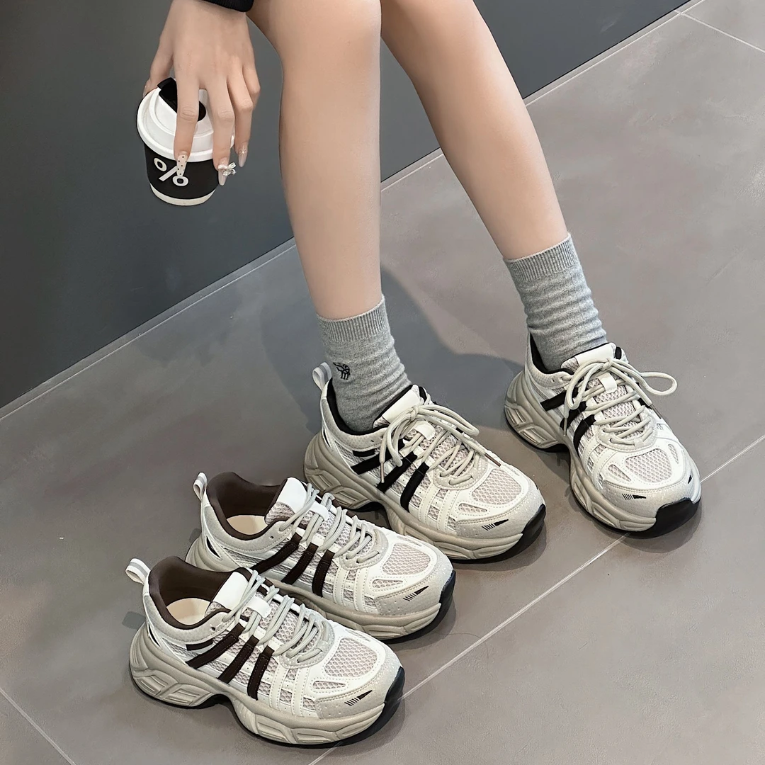 5132-1真皮厚底增高老爹鞋女秋冬季新款拼色系带百搭运