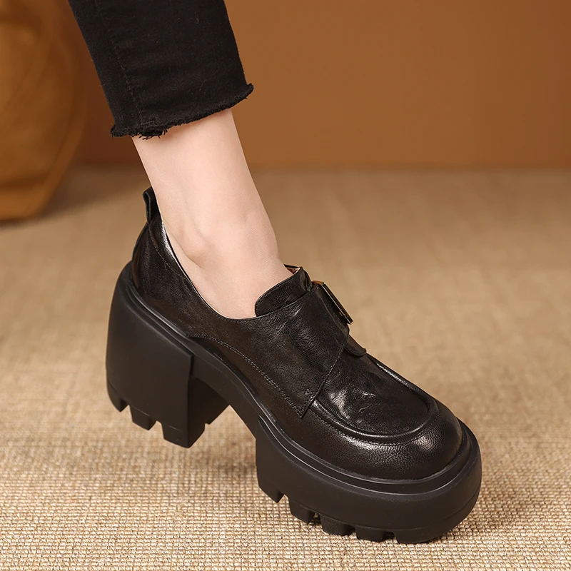 英伦风厚底乐福鞋女8cm粗跟头层羊皮深口单鞋不累脚防水台高跟鞋