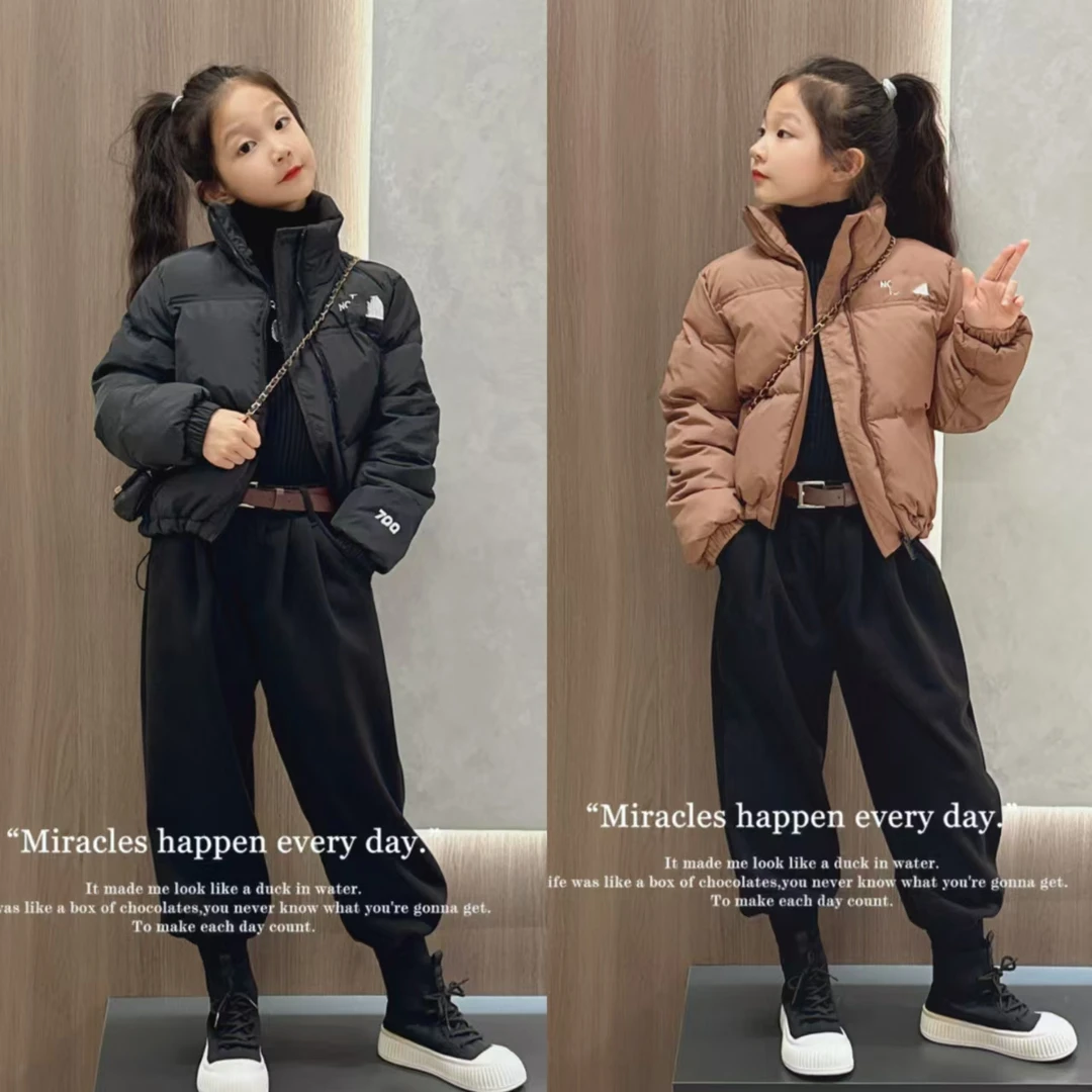 2024冬季女童+羽绒服外套洋气纯色短款时髦灯笼裤