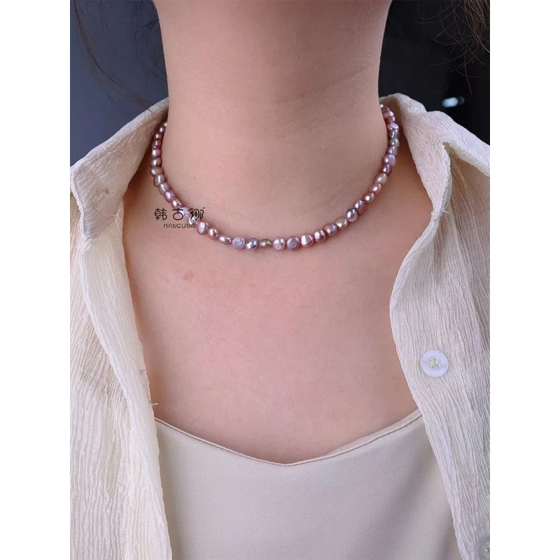 天然淡水珍珠项链女紫色不规则巴洛克锁骨链S925银扣碎银子颈链新