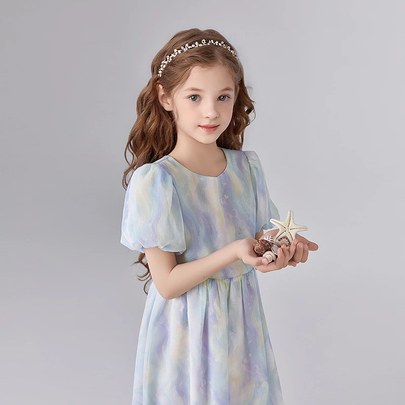 笛莎女童2025夏季中大童儿童洋气甜美泡泡袖雪纺连衣裙-93252U107