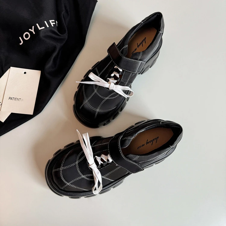 VICEN FIFI5cm/真皮厚底老爹鞋女复古秋季新款增高系带休闲鞋子