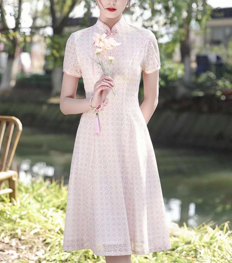 C044小个子旗袍短款夏季蕾丝粉色气质新款中国风改良年轻款