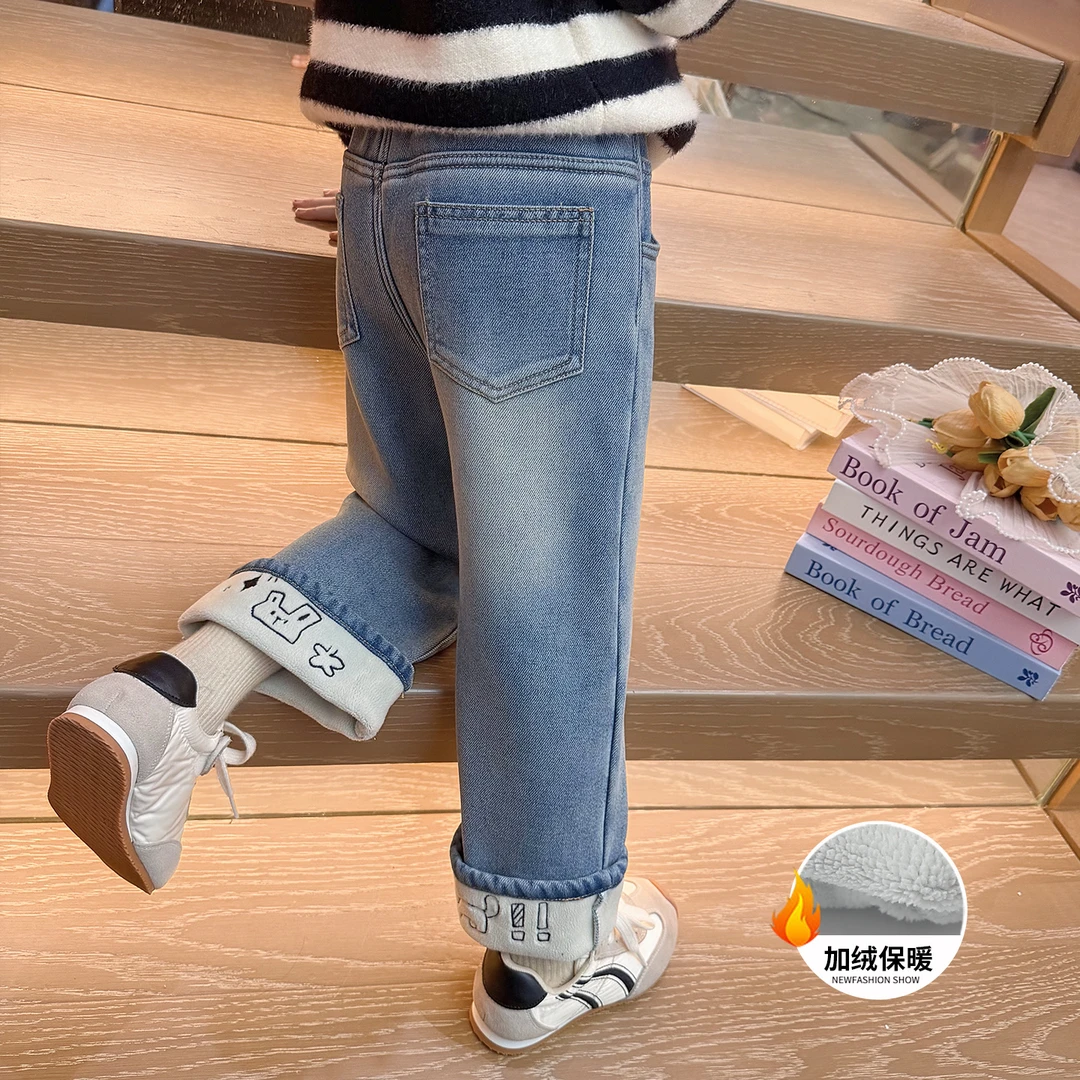 女童加绒牛仔裤儿童冬装韩版洋气一体绒裤子女宝宝冬季加厚休闲裤