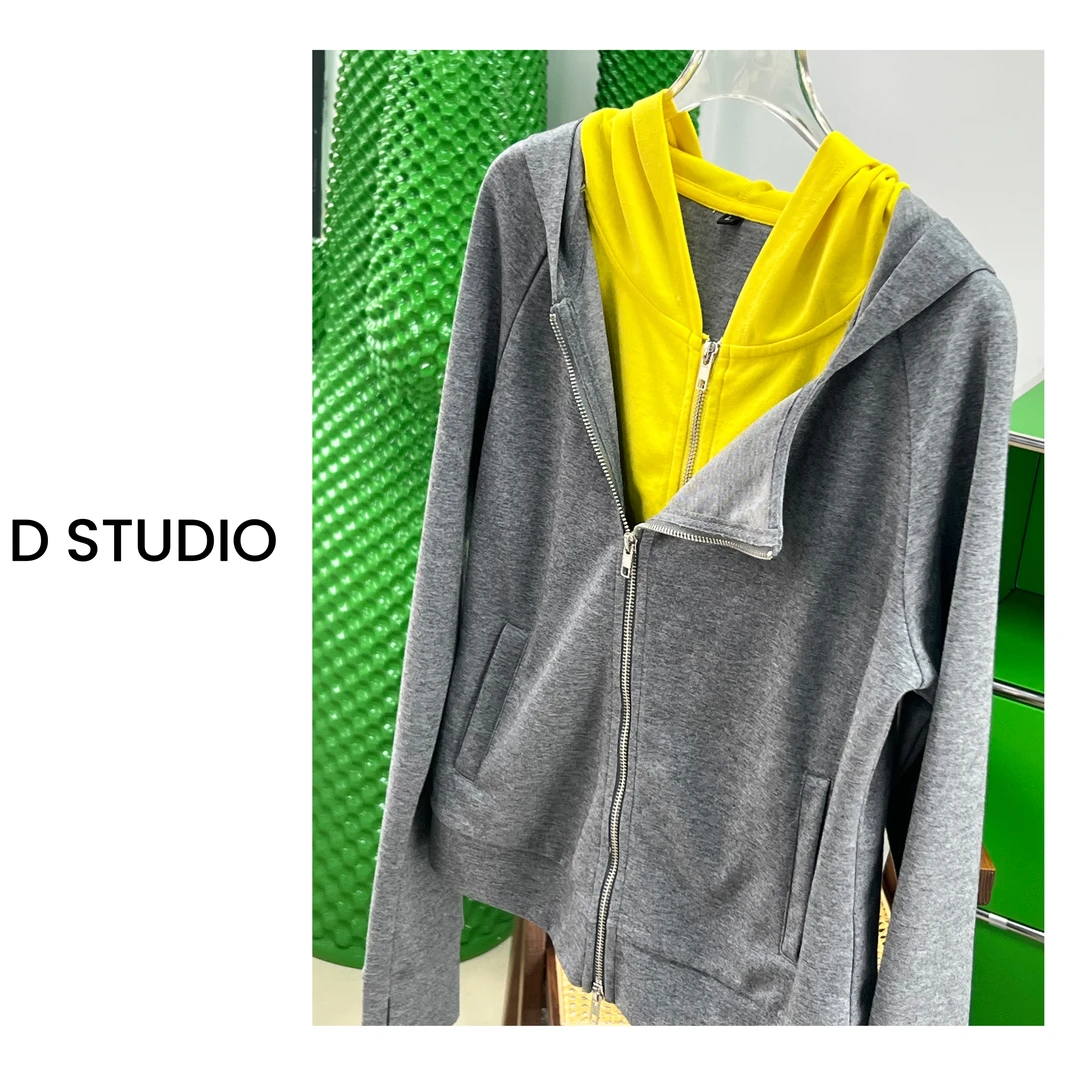 D STUDIO “柠檬夹心”假两件拼色拉链卫衣外套 D2083